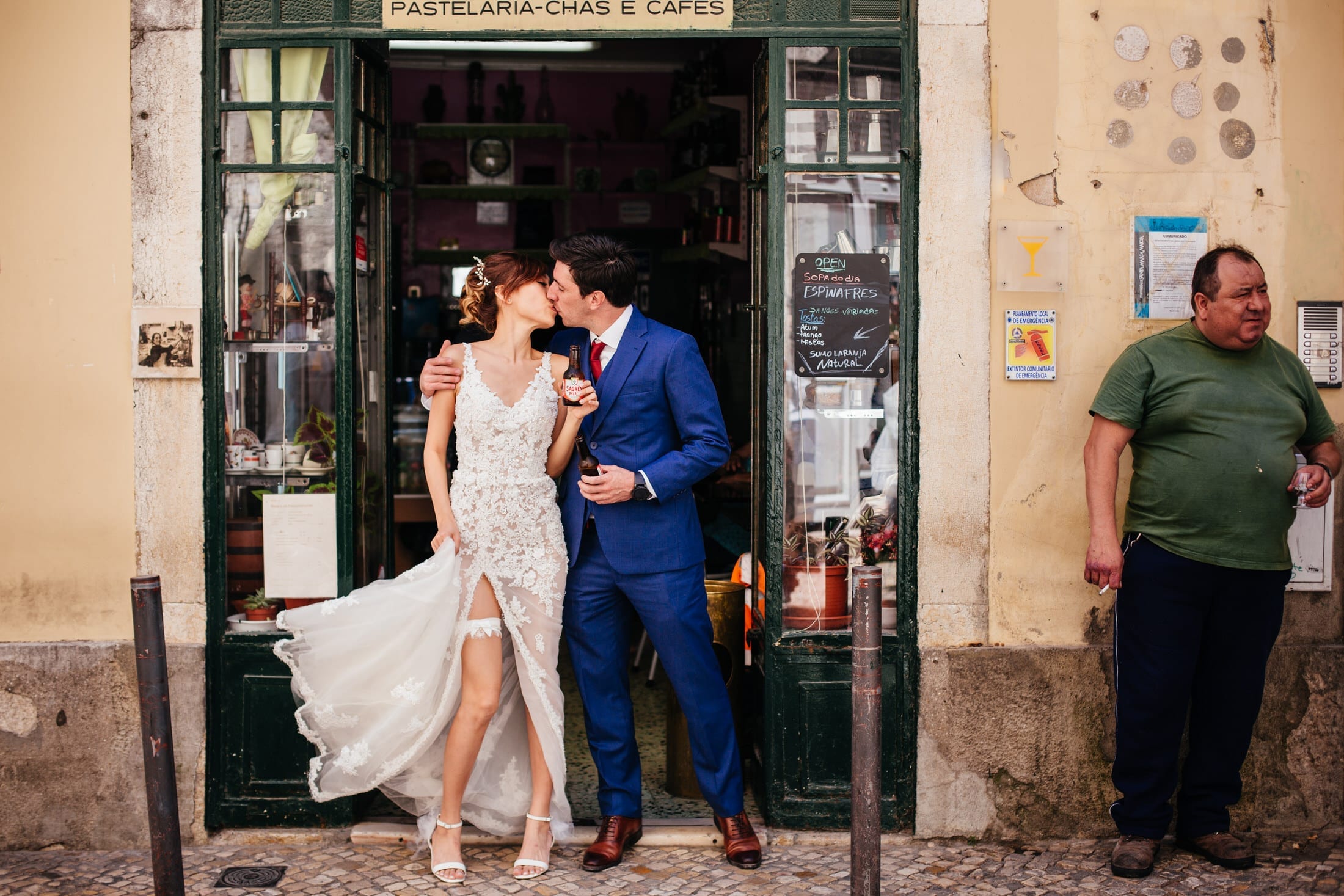 A street style wedding portrait taken in Lisbon, Portugal by wedding photographers Your Story in Photos