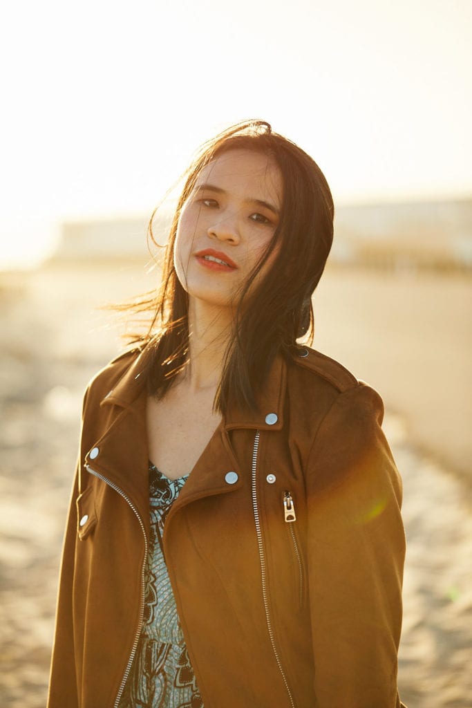 a portrait of a model during the golden hour of sunset in the Lisbon district